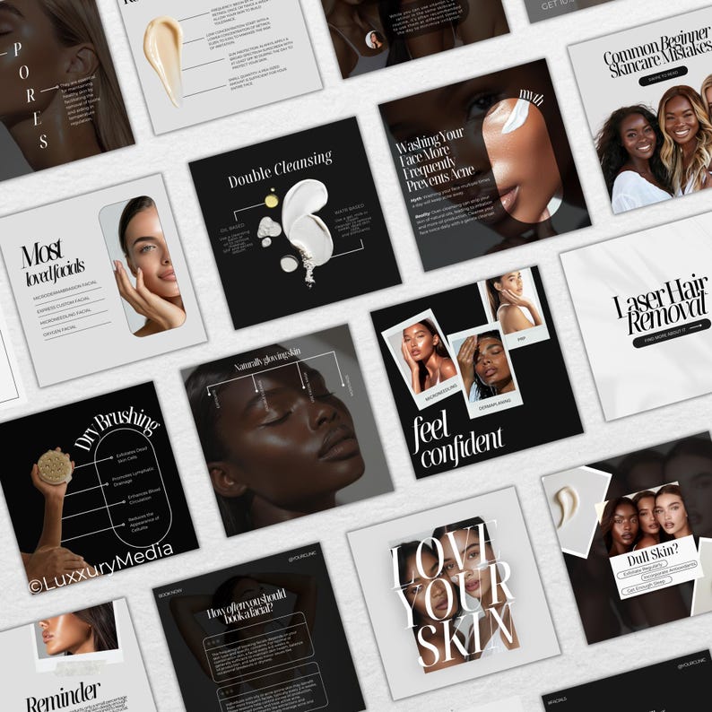 May include: A collage of images with skincare tips and advice. The images feature different people with various skin tones and textures. The text includes phrases like "Dry Brushing", "Double Cleansing", "Washing Your Face More Frequently", "Most Loved Facials", "Love Your Skin", "Feel Confident", "Common Beginner Skincare Mistakes", and "Laser Hair Removal".