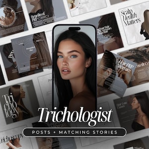 Pode incluir: Uma colagem de imagens que promovem serviços de cuidados com o cabelo. As imagens mostram uma mulher com cabelo comprido e escuro, um close-up de um couro cabeludo e texto que diz "Trichlogist", "Posts + Matching Stories", "Hair PRP Aftercare", "Scalp Health Matters" e "Benefits of PRP".