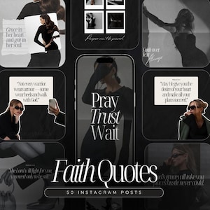 May include: A collage of black and white images with inspirational quotes about faith, trust, and prayer. The quotes include "Grace in her heart and grit in her soul", "Not every warrior wears armor - some wear heels and walk with God", "Pray Trust Wait", "May He give you the desire of your heart and make all your plans succeed", "The Lord will fight for you, you need only to be still", and "God's grace will take you places hustle never could".