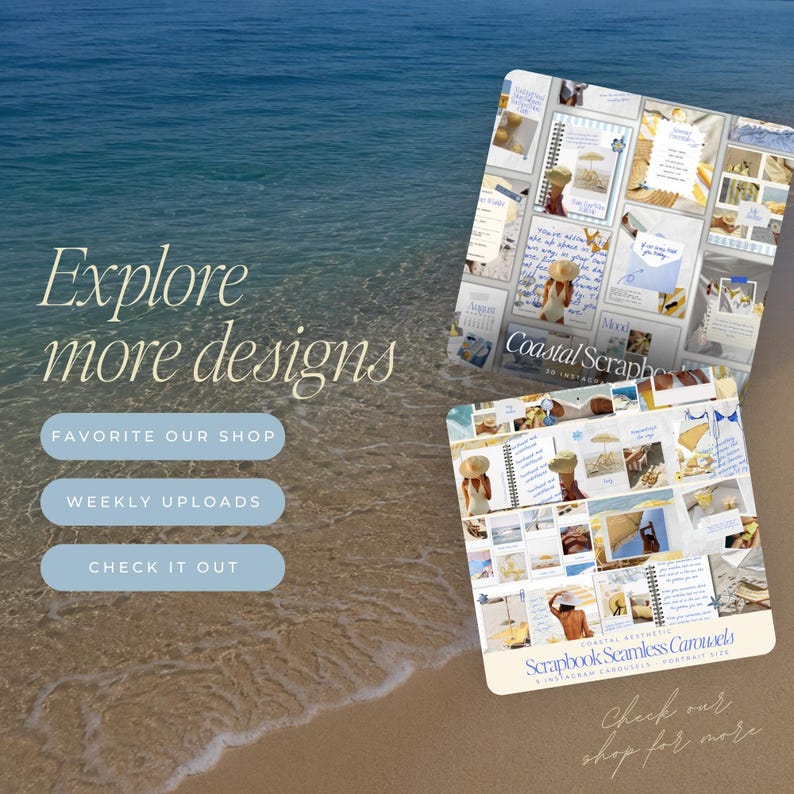 May include: Two square digital display cards featuring a coastal aesthetic scrapbook theme. The cards showcase various Instagram carousel layouts with light blue, white, and sandy beige tones, including imagery of beach scenes, handwritten text, and paper textures.