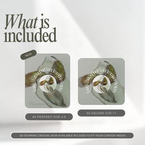 May include: Image features two digital product mockups with pear illustrations. The text reads "What is included" and "Foods That Support Your Immune System." One mockup is a 4:5 portrait size, the other is a 1:1 square. The text also says "60 Stunning Designs, Now Available in 2 Sizes to Fit Your Content Needs."