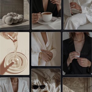 May include: A collage of images featuring a variety of lifestyle and fashion elements. The images include a white fluffy cloud-shaped sofa, a person holding a cup of coffee, a person wearing a white blazer and gold jewelry, a person wearing a black blazer and holding a small white cup, a glass of water being poured into a bowl, a pair of sunglasses and a cup of tea on a white bedspread, and a person wearing a white blazer with a gold necklace.