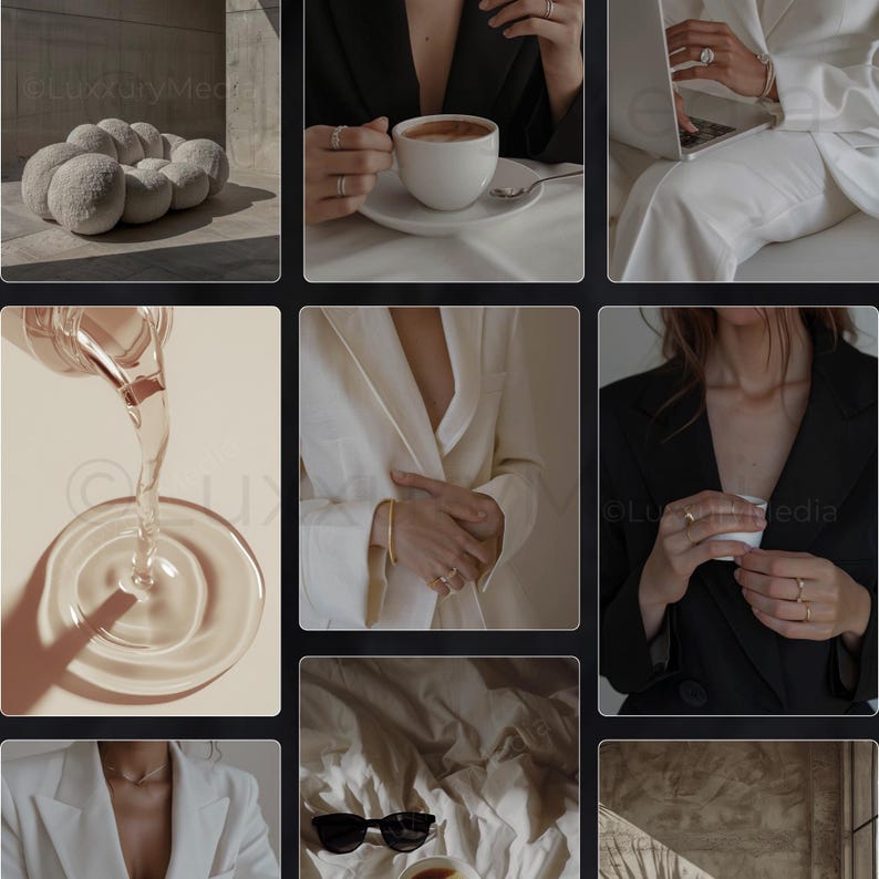 May include: A collage of images featuring a variety of lifestyle and fashion elements. The images include a white fluffy cloud-shaped sofa, a person holding a cup of coffee, a person wearing a white blazer and gold jewelry, a person wearing a black blazer and holding a small white cup, a glass of water being poured into a bowl, a pair of sunglasses and a cup of tea on a white bedspread, and a person wearing a white blazer with a gold necklace.