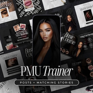 Op de afbeelding: Een collage van afbeeldingen die reclame maken voor een PMU-trainingscursus. De afbeeldingen tonen een vrouw met donker haar en make-up, tekst die "PMU Trainer" zegt, en de woorden "Posts + Matching Stories".