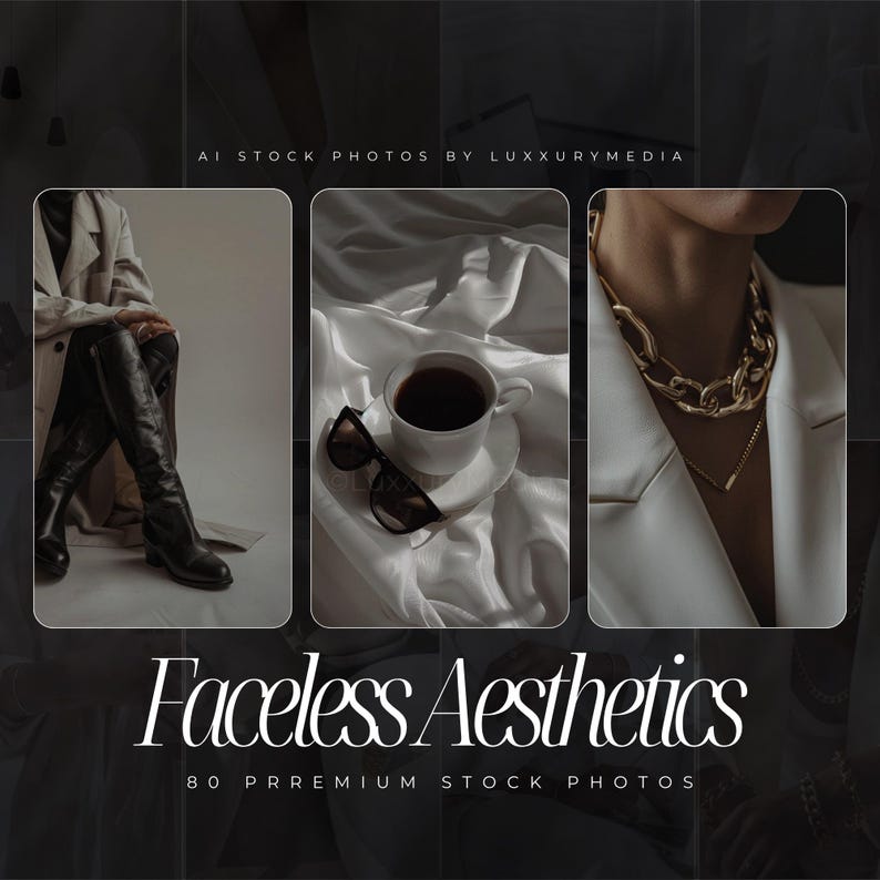 May include: Three images showcasing a minimalist aesthetic. The first image shows a person wearing a white coat and black boots. The second image shows a white cup of coffee on a white surface. The third image shows a person wearing a white blazer with a gold chain necklace.
