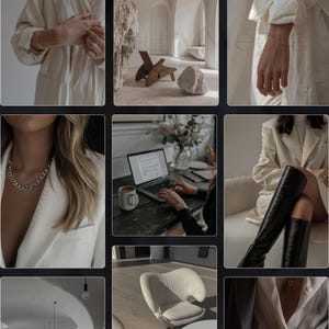 May include: A collage of images featuring a white blazer, a white shirt, a gold chain necklace, a laptop computer, a chair, and a pair of black boots.
