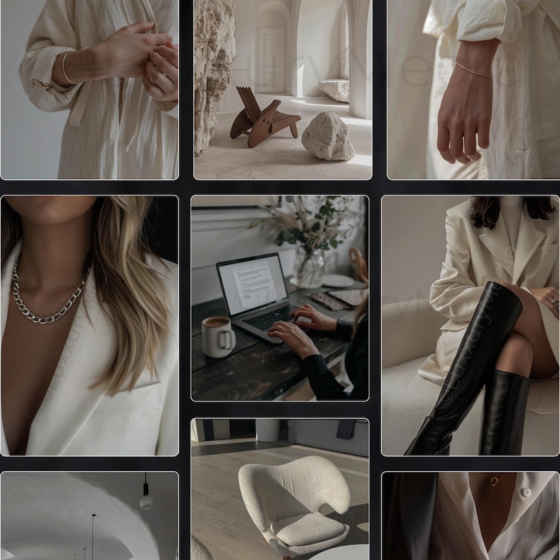 May include: A collage of images featuring a white blazer, a white shirt, a gold chain necklace, a laptop computer, a chair, and a pair of black boots.