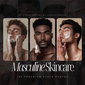 May include: Three men of different ethnicities are shown applying skincare products to their faces. The text "Masculine Skincare" and "135 Premium Stock Photos" is displayed below the images.