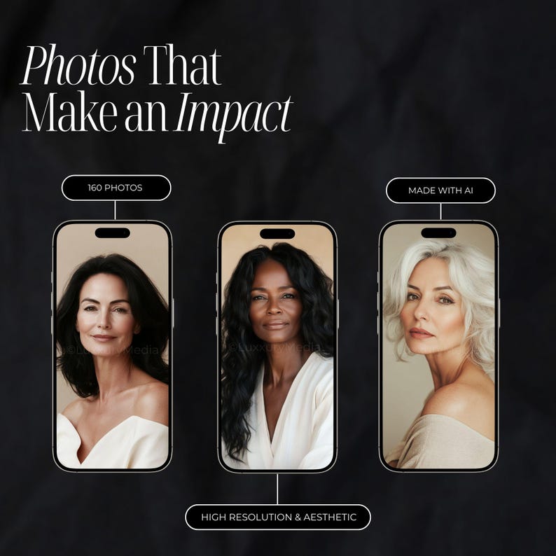 May include: Three images of women with different hair colors and skin tones. The images are displayed in a phone-like frame. The text "160 PHOTOS" is above the left image, "MADE WITH AI" is above the right image, and "HIGH RESOLUTION & AESTHETIC" is below the images.
