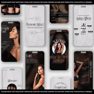 May include: A set of nine Instagram story templates for promoting beauty and wellness products. The templates feature a black and white color scheme with a modern, minimalist design. The templates include text such as "Weight Loss", "Aging Effects", "Peptide Therapy Benefits", "Thymosin Alpha-1", "Fact", "Aftercare", and "CJC-1295".