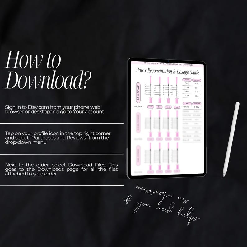 May include: A digital guide for Botox reconstitution and dosage. The guide is displayed on a tablet with a stylus next to it. The guide includes a table with information about the dosage and reconstitution of Botox.
