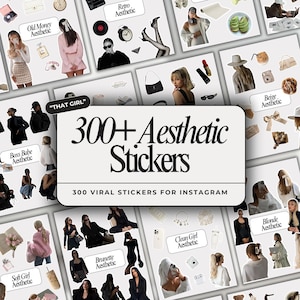 May include: A collage of images featuring over 300 aesthetic stickers for Instagram. The stickers feature various themes, including "Boss Babe", "Soft Girl", "Old Money", "Retro", "Clean Girl", "Brunette", "Blonde", and "Beige".