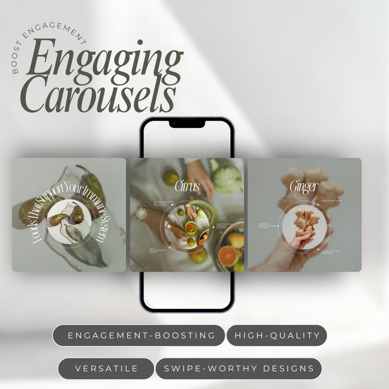 May include: A digital marketing graphic promoting "Engaging Carousels" with the text "Boost Engagement." The image features a smartphone displaying three carousel slides with the words "Citrus" and "Ginger." Additional text includes "Engagement-Boosting" and "Swipe-Worthy Designs."