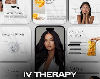 May include: A collage of images promoting IV therapy treatments. The images feature a woman with dark hair and a white shirt, a glass of orange juice, and a list of benefits of vitamin C. The text "IV Therapy" is written in large, bold letters at the bottom of the collage.