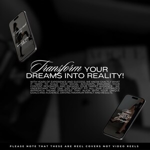 May include: Two phone screen mockups with black backgrounds and white text. The top mockup says "Dream your vision while you chill". The bottom mockup says "Make bank account grow consistently". The text in the middle of the image says "Transform your dreams into reality! With years of experience and success, we know exactly what it takes to scale your social accounts, ensuring your content resonates and engages your target audience. We understand that one size doesn't fit all. Our customized approach means strategies that align with your unique goals and audience, driving maximum impact and results."