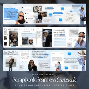 Op de afbeelding: Esthetische Instagram carrousel templates in portretformaat. Het ontwerp heeft een scrapbook-stijl met tekst en afbeeldingen. De tekst bevat zinnen als "The 3 Signals the Algorithm Looks For" en "How I Made My First $1,000 From Instagram."