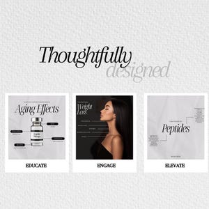 May include: Three black and white images with text and graphics. The first image is titled "Aging Effects" and shows a bottle of peptide therapy. The second image is titled "Weight Loss" and shows a woman with long black hair. The third image is titled "The Power of Peptides" and shows a diagram of the benefits of peptides.