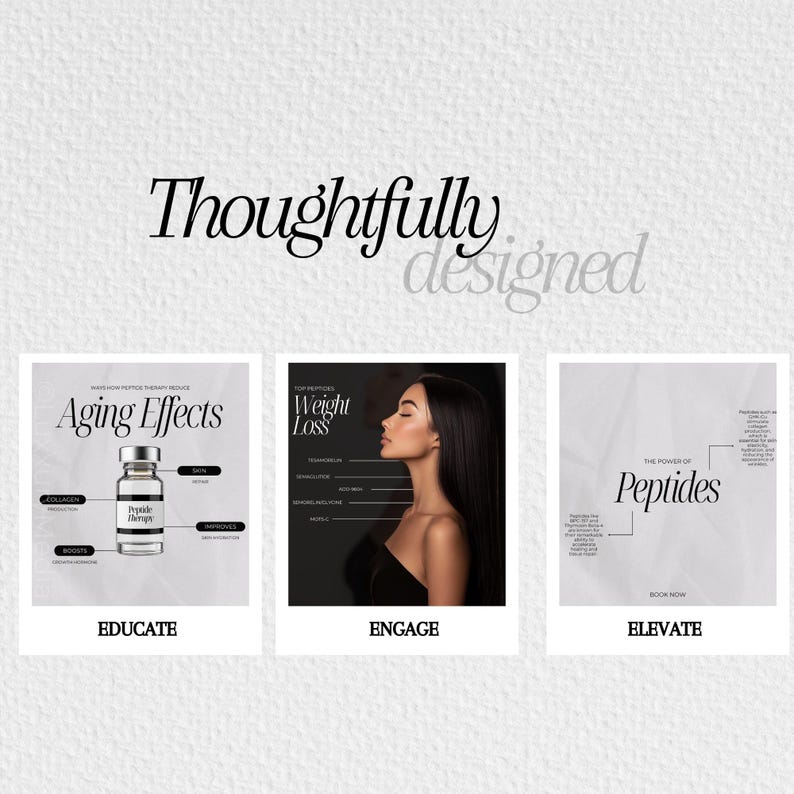 May include: Three black and white images with text and graphics. The first image is titled "Aging Effects" and shows a bottle of peptide therapy. The second image is titled "Weight Loss" and shows a woman with long black hair. The third image is titled "The Power of Peptides" and shows a diagram of the benefits of peptides.
