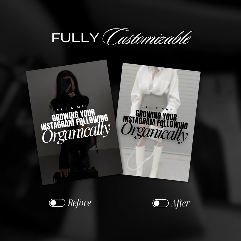 May include: Before and after images showing how to grow your Instagram following organically. The before image shows a person wearing dark clothing and a black hat. The after image shows a person wearing a white shirt and a white skirt. Both images have the text "PLR & MRR Growing Your Instagram Following Organically".