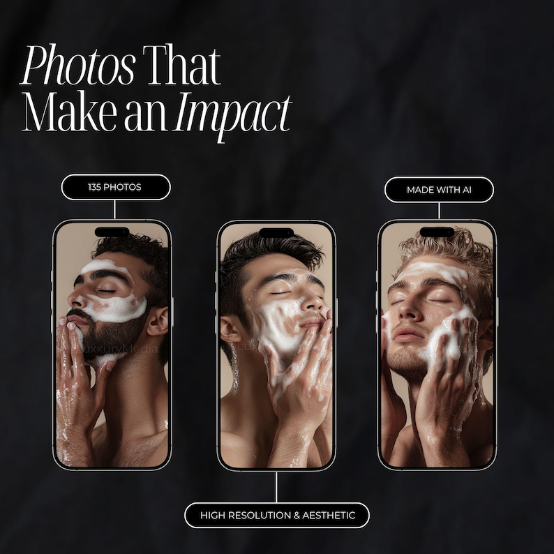 May include: Three men are shown in close-up photos, each with a white foamy substance on their face. The photos are displayed on a black background with the text "Photos That Make an Impact", "135 Photos", "Made with AI", and "High Resolution & Aesthetic".