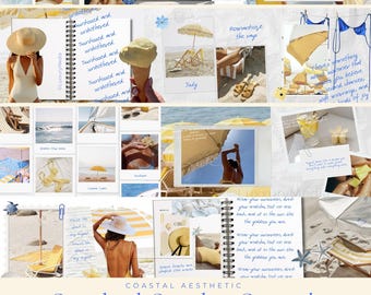 May include: A collage of beach-themed images with a coastal aesthetic. The images include a woman in a swimsuit, a notebook with handwritten text, ice cream, beach umbrellas, and accessories. The text "Coastal Aesthetic Scrapbook Seamless Carousels" is at the bottom.