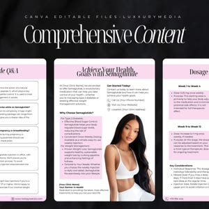 May include: A pink and white infographic with the title "Achieve Your Health Goals with Semaglutide" and information about the medication Semaglutide, including its benefits, dosage, and key considerations. The infographic also includes a photo of a woman with a neutral expression.