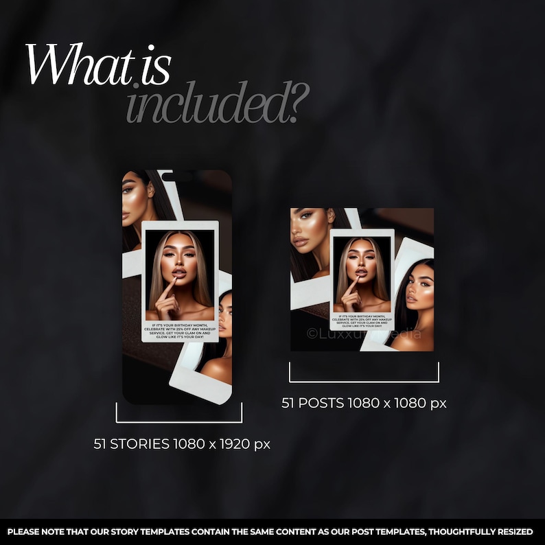 Puede incluir: Un conjunto de 51 plantillas de historias y publicaciones de Instagram con una mujer con maquillaje y el texto "Si es tu mes de cumplea&ntilde;os, celebra con un 25% de descuento en cualquier servicio de maquillaje. Ponte guapa y brilla como si fuera tu d&iacute;a!" y el texto "@LuxxuMedia".