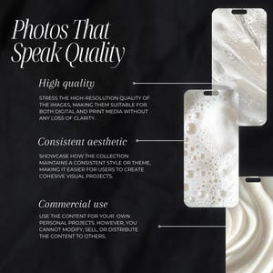 Pode incluir: Texto sobre um fundo preto com texto branco que diz "Photos That Speak Quality". Tr&ecirc;s se&ccedil;&otilde;es s&atilde;o destacadas com linhas brancas e texto branco. As se&ccedil;&otilde;es s&atilde;o "Alta qualidade", "Est&eacute;tica consistente" e "Uso comercial". Cada se&ccedil;&atilde;o tem uma descri&ccedil;&atilde;o da qualidade das fotos. A imagem tamb&eacute;m inclui duas imagens abstratas brancas e texturizadas.
