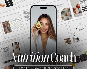 May include: A collage of images promoting a nutrition coach. The images include a woman holding an avocado, a plate of food, and text that says "Nutrition Coach" and "Posts + Matching Stories".