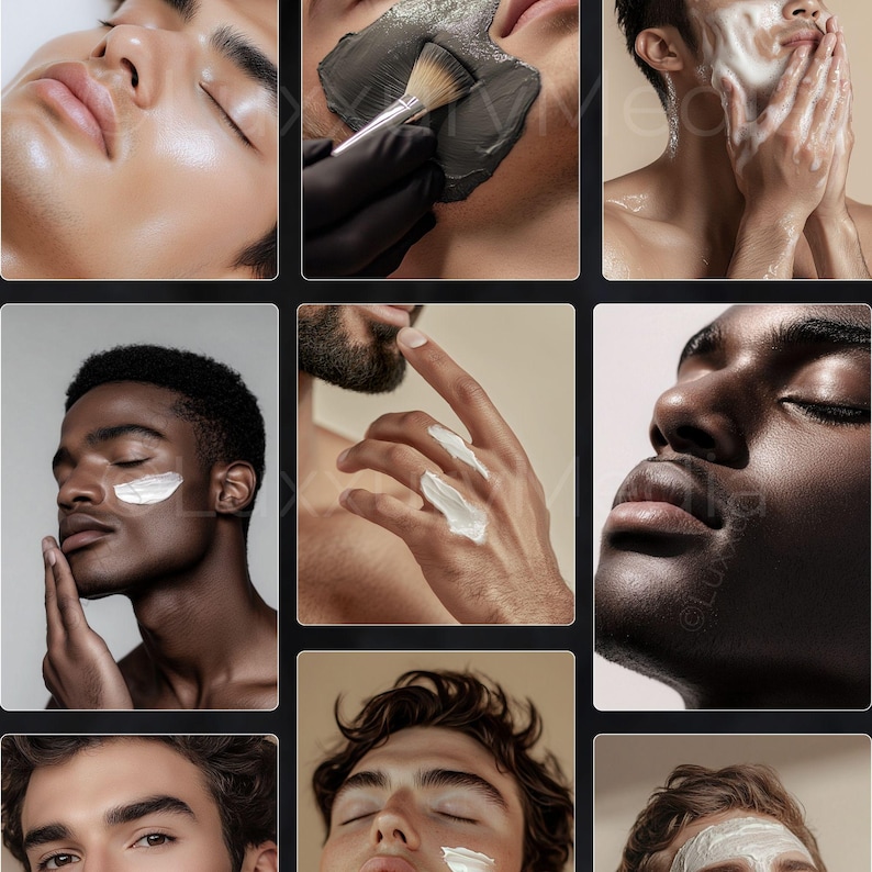 May include: A collage of nine images showing different men applying skincare products to their faces. The images show a variety of skin tones and ages. The products include a black clay mask, a white cream, and a foaming cleanser.