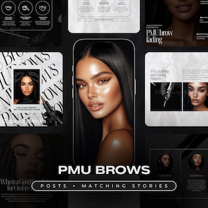 May include: A digital graphic featuring a woman with expertly styled eyebrows, surrounded by informational graphics about PMU brows. The text "PMU BROWS" is prominently displayed, along with additional text about eyebrow care and ombre techniques.