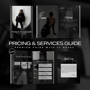 Puede incluir: Una Guía de Precios y Servicios en blanco y negro con 24 páginas. La guía incluye secciones sobre paquetes de redes sociales y servicios adicionales. La portada presenta a una mujer con un atuendo negro. El logotipo de Canva es visible.