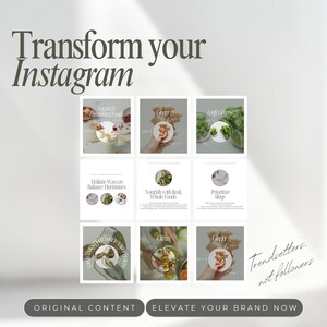 May include: A grid of nine Instagram post templates with a light background. The top text reads "Transform your Instagram." The templates feature images of food and text like "Holistic Ways to Balance Hormones" and "Elevate Your Brand Now."