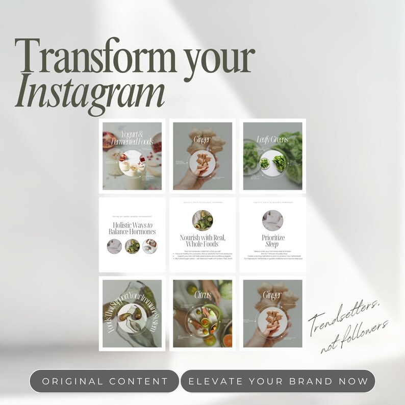 May include: A grid of nine Instagram post templates with a light background. The top text reads "Transform your Instagram." The templates feature images of food and text like "Holistic Ways to Balance Hormones" and "Elevate Your Brand Now."