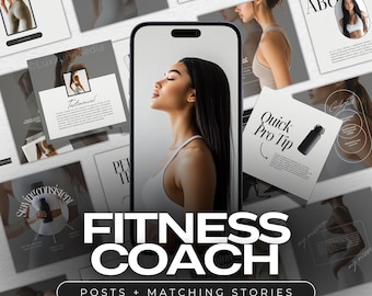 May include: A digital marketing kit for fitness coaches. The kit includes social media posts and stories with a black and white color scheme. The text "FITNESS COACH" is in large, bold letters. The text "POSTS + MATCHING STORIES" is below the title.