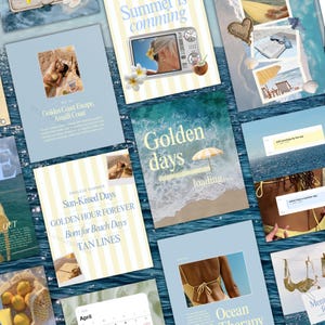 May include: A digital collage featuring multiple summer-themed panels with light blue and yellow stripes, ocean waves, beach photography, and text overlays including phrases like Golden Coast Escape, Sun-Kissed Days, and Golden days loading.