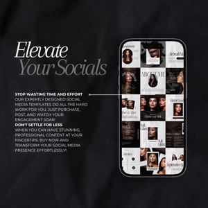 Puede incluir: Una pantalla de tel&eacute;fono en blanco y negro que muestra una cuadr&iacute;cula de plantillas de publicaciones en redes sociales. Las plantillas presentan una variedad de im&aacute;genes y texto, que incluyen "About Me", "Core & After", "Choose Your Style", "Soft Glam", "Perfect Define", "Models Now", "Airbrush Makeup", "Services" y "September Special". El texto "Elevate Your Socials" aparece en la parte superior de la pantalla.