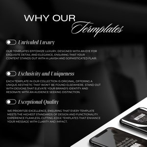 May include: Black and white graphic with the text "WHY OUR Templates" in a stylized font. The graphic lists three reasons why these templates are unique: unrivaled luxury, exclusivity and uniqueness, and exceptional quality. Each reason is accompanied by a black and white toggle switch.
