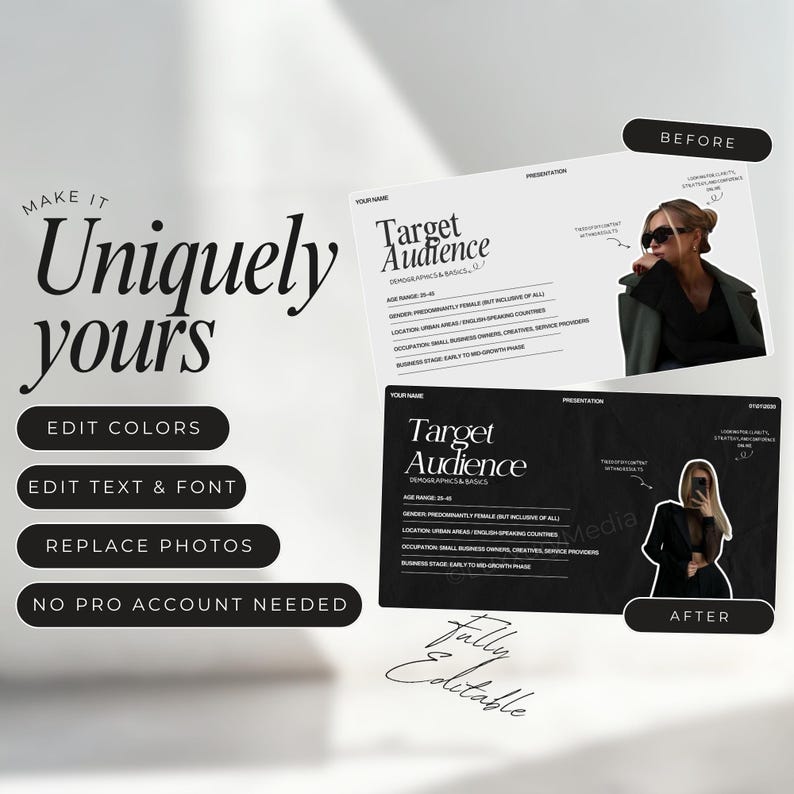 May include: Two versions of a black and white target audience template. The template includes a section for demographics and basics, including age range, gender, location, occupation, business stage, and target audience name. The template is fully editable and can be customized with different colors, fonts, and photos.