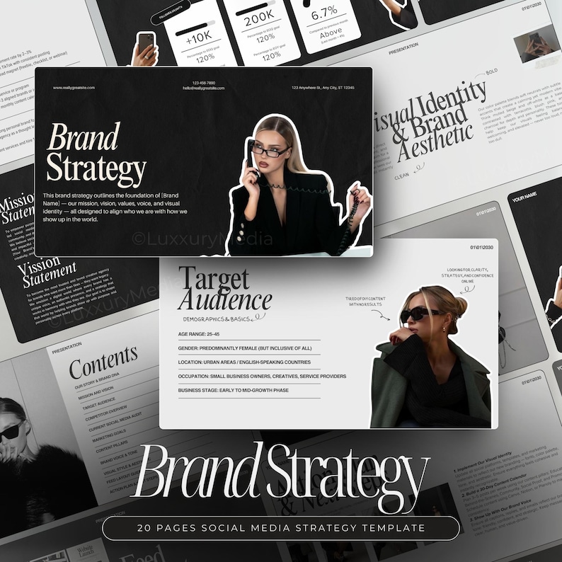 May include: A black and white graphic design template for a social media strategy. The template includes a title page with the text "Brand Strategy" and a target audience section with demographic information. The template is designed for businesses and entrepreneurs.