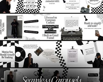 May include: A multi-panel graphic with a black and white checkered pattern. The panels contain text and images related to social media marketing, including the words "Seamless Carousels" and "Instagram Carousels."