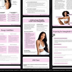 May include: A pink and white informational sheet with the title "Achieve Your Health Goals With Semaglutide". The sheet includes information about the medication Semaglutide, its benefits, and how to prepare for it. The sheet also includes a dosage guide and a BMI chart.