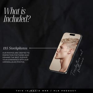 May include: A black and white image of a man's face on a smartphone screen. The text "Trendsetters, not followers" is written on the right side of the screen. The text "135 Stockphotos" is written at the top of the image. The text "OUR PHOTOS ARE CRAFTED TO PERFECTION FOR THOSE WHO DEMAND THE BEST. ELEVATE YOUR EXPERIENCE WITH OUR UNPARALLELED PHOTOS." is written below the text "135 Stockphotos". The text "THIS IS NOT A MRR / PLR PRODUCT" is written at the bottom of the image.