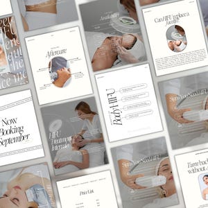 Peut inclure: Plusieurs brochures et flyers d'un design minimaliste, ax&eacute;s sur les traitements HIFU. Les documents comprennent des informations sur les soins post-traitement, les avantages et les prix, avec une palette de couleurs blanche, grise et noire. Le texte comprend les mots "Aftercare" et "Booking September".