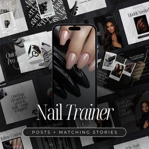 Puede incluir: Un collage de imágenes que promocionan un curso de formación en manicura. Las imágenes muestran primeros planos de uñas manicuradas, modelos y texto que dice "Nail Trainer", "Posts + Matching Stories", y "¡No solo sueñes con una carrera en las uñas, hazlo realidad!"