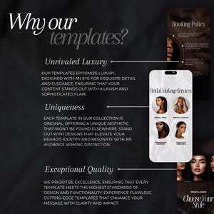 Puede incluir: Un gr&aacute;fico en blanco y negro con el texto "Why our templates?" y tres secciones: "Unrivaled Luxury", "Uniqueness" y "Exceptional Quality". El gr&aacute;fico tambi&eacute;n presenta una tarjeta blanca con el texto "Bridal Makeup Services" e im&aacute;genes de diferentes servicios de maquillaje.