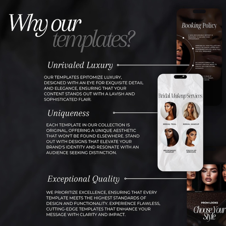 Puede incluir: Un gr&aacute;fico en blanco y negro con el texto "Why our templates?" y tres secciones: "Unrivaled Luxury", "Uniqueness" y "Exceptional Quality". El gr&aacute;fico tambi&eacute;n presenta una tarjeta blanca con el texto "Bridal Makeup Services" e im&aacute;genes de diferentes servicios de maquillaje.