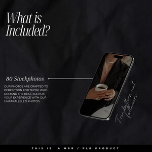 May include: A black and white image of a smartphone displaying a photo of a person holding a cup of coffee. The text "Trendsetters, not followers" is written on the right side of the image. The text "80 Stockphotos" is written on the left side of the image. The text "What is Included?" is written at the top of the image.