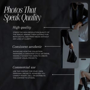 K&ouml;nnte beinhalten: Werbebild mit dem Text &bdquo;Photos That Speak Quality&ldquo;. Das Bild hebt hochaufl&ouml;sende Qualit&auml;t, konsistente &Auml;sthetik und kommerzielle Nutzung hervor. Es zeigt eine Frau in schwarzem Outfit und eine schwarze Handtasche.
