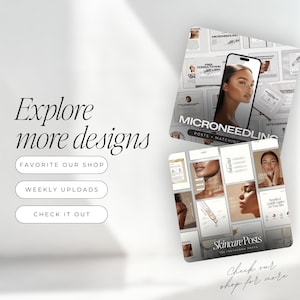 Peut inclure: Image promotionnelle avec le texte &laquo; Explore more designs &raquo; et trois boutons d'appel &agrave; l'action. L'image pr&eacute;sente &eacute;galement un smartphone affichant un post &laquo; Microneedling &raquo; et une collection de &laquo; Skincare Posts &raquo; pour Instagram.